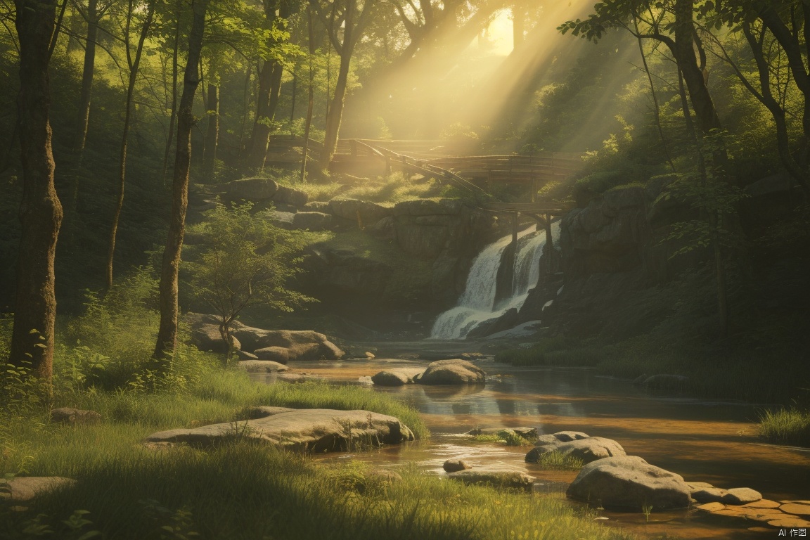  A serene, mystical forest with tall trees, a flowing river, and a hidden clearing. The trees have long, twisting branches that reach towards the sky, covered in soft, green moss and hanging vines. The forest floor is a bed of rich, green leaves and ferns, with small streams and waterfalls trickling throughout. The river is crystal clear and gently flows through the forest, reflecting the surrounding trees and sky. In the clearing, there is a small, secluded pool with clear water, surrounded by colourful wildflowers and butterflies. The forest is bathed in a warm, golden sunlight that filters through the trees and creates a peaceful, calming atmosphere.

Medium: Oil painting

Additional details: There are small animals rustling in the underbrush, watching from the shadows. The rustling leaves and the sound of birds chirping create a continuous symphony of nature.

Image quality: (best quality, 4k, 8k, highres, masterpiece:1.2), ultra-detailed, (realistic, photorealistic, photo-realistic:1.37), sharp focus, vivid colors

Art style: Landscape

Color palette: Shades of green, warm yellows, and browns

Lighting: Sunbeams filtering through the trees, lending a warm, golden glow to the scene.

