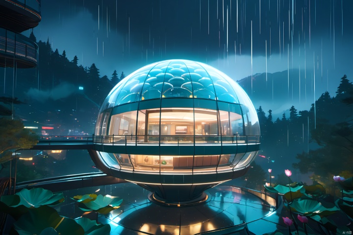 High Quality, Enjoy the Future, Cyberpunk 2077
Wide angle, 8k, locally blurred,
Hillside, spherical architecture (streamlined, lotus shaped design, transparent exterior, metal frame, glass exterior wall, fish scale decoration), surrounded by forests, illuminated, rainy,
