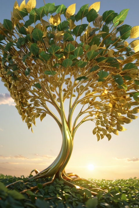  a tree composed of golden branches, with green leaves and an overall shape resembling a Fan-shaped, golden hour and lighting, octane render, intricate, (best quality, masterpiece, Representative work, official art, Professional, unity 8k wallpaper:1.3)