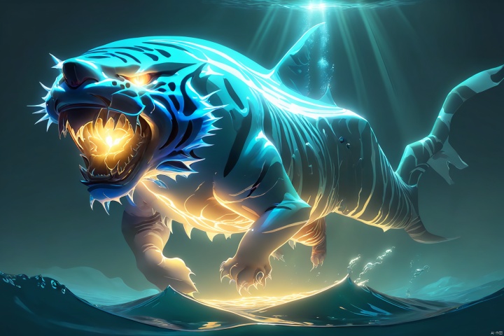  (a giant fantasy [shark|tiger] creature), paranormal energy, glowing, small and transparent, releases a shimmering light, like an underwater light