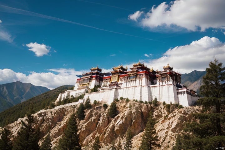  A view of the grand Potala Palace
best quality,4k,8k,highres,masterpiece:1.2,ultra-detailed,realistic:1.37,portrait,landscape,HDR,UHD,studio lighting,ultra-fine painting,sharp focus,professional,vivid colors,bokeh

I want you to generate an image of the grand Potala Palace, which is located in Lhasa, *****. The palace is an architectural marvel, a towering structure that has stood for centuries. It is the heart of ***** and a symbol of its rich cultural heritage.

The image I want you to generate should showcase the grandeur of this palace. The palace should be the center of the image, and its intricate details and design should be visible. The palace should be detailed with vibrant colors, and the image should have a realistic feel to it.

I would also like the image to showcase the surrounding landscape. The palace sits on a hilltop, so the viewer should get a sense of how high it is. The landscape around the palace should be lush and green, with the sky a deep blue color. There should be a sense of serenity and peace in the image.

