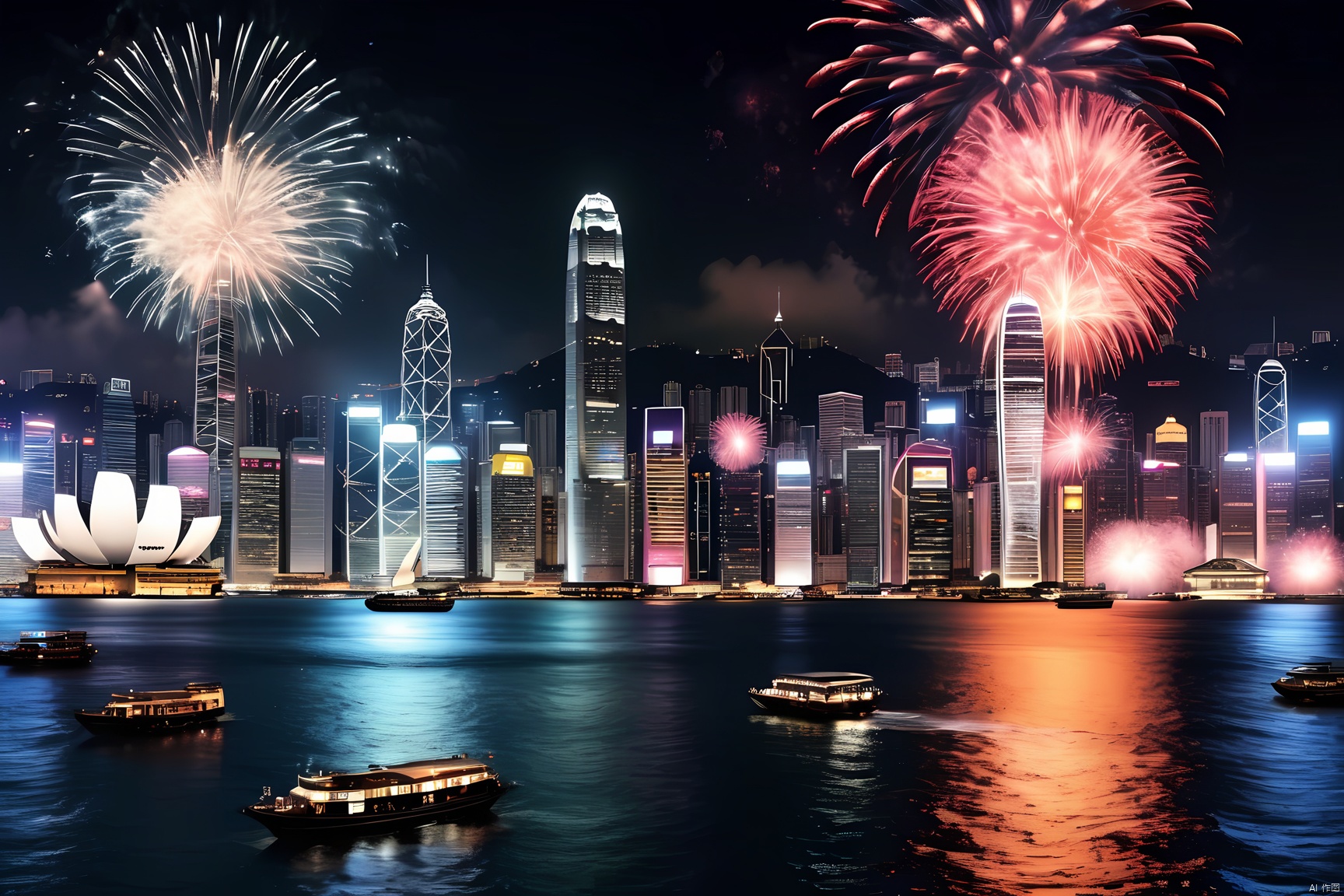  Night view of Victoria Harbor in Hong Kong,Sparkling reflections dance on the water,Gleaming skyscrapers lining the harbor,Spectacular fireworks display,Twinkling lights adorn the city skyline,Cruise shipest, enhance, intricate, (best quality, masterpiece, Representative work, official art, Professional, unity 8k wallpaper:1.3)