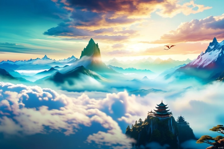  A dragon flying through the clouds in the sky, with a mountain in the background and a mountain top in the foreground, vast panorama, Unreal light and shadow, wide Angle lens, shot at dusk, movie texture, Unreal Engine 4,8K Ultra HD, clear and bright image quality, Amazing fantasy immortal scenes, ink painting style, highly refined, dynamic expression, clear lines, movie texture, Cold atmosphere, vivid, rendering high poignancy, extremely fine