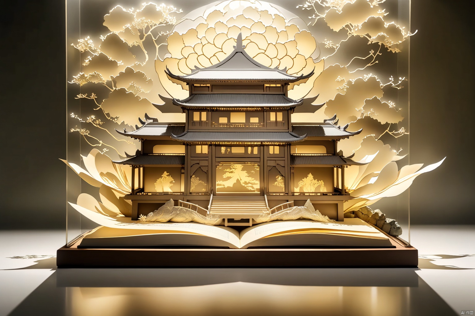 translucent embroidery, top light, backlight, A lighted book, seated front, detailed art style, paper sculpture, geographic photo, hi-res image, paper cut book design oriental palace, tilt photography style, 8k resolution, night scene, photo taken with a Nikon D750 with lights on top, cityscape style, intricate woodwork, grandiose gauges, chinese book model, golden light style, pencil art illustration, hi-res image, site-specific artwork, i can't believe how beautiful this is,
Negative reminder, flowing gold art, silk transparent material style, abstract design, ethereal phantom, lifelike, black and white tones,
