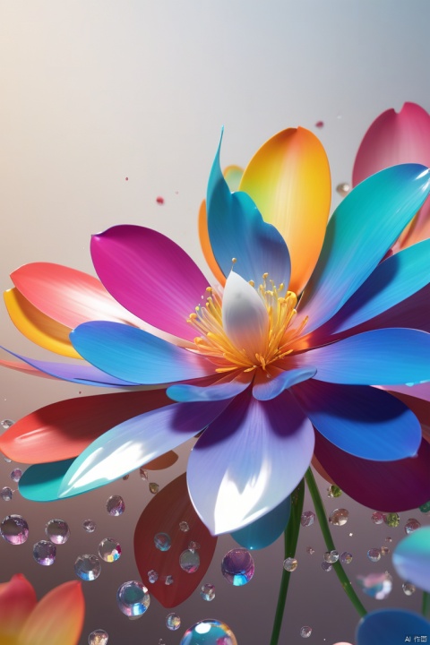  flowers blooming, poetry, Translucent petals, Gradient transparent glass melt, diffused, transparent glass texture, rainbow color, ultra-wide-angle, octane render, enhance, intricate, (best quality, masterpiece, Representative work, official art, Professional, unity 8k wallpaper:1.3)