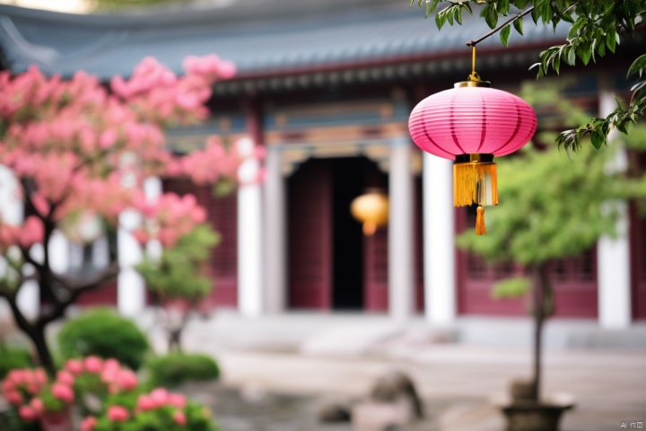  flower, outdoors, blurry, tree, no humans, depth of field, blurry background, leaf, plant, scenery, pink flower, lantern, east asian architecture