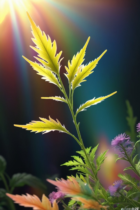  Featherweed is a herbaceous plant,Leaves light color,When the breeze blows,The leaves will flutter gently,Gives a dreamy feeling rainbow color theme, movie light effect, Colorful, contours, Art super detailed, Delicate and beautiful, Dynamic angles and elegant atmosphere, octane render, intricate, (best quality, masterpiece, Representative work, official art, Professional, unity 8k wallpaper:1.3), monkren