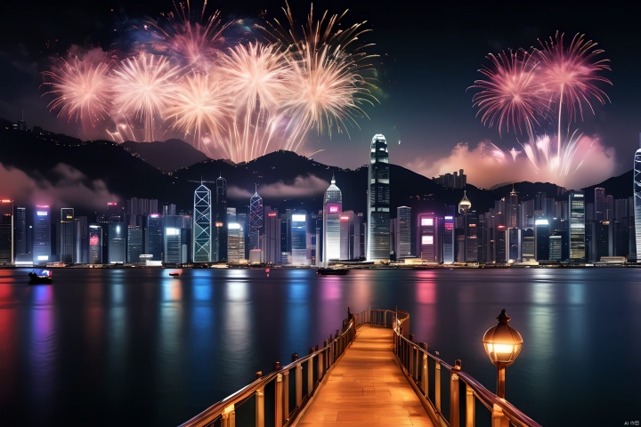  Night view of Victoria Harbor in Hong Kong,Sparkling reflections dance on the water,Gleaming skyscrapers lining the harbor,Spectacular fireworks display,Twinkling lights adorn the city skyline,Cruise shipest, enhance, intricate, (best quality, masterpiece, Representative work, official art, Professional, unity 8k wallpaper:1.3)