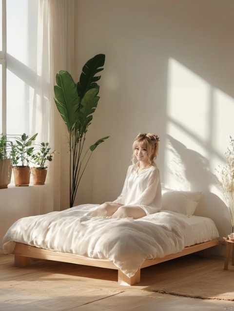 1girl,gyaru,fair_skin,evil smile,seductive_smile,,pillow,bed,plant,window,indoors,sunlight,wooden floor,curtains,shadow,lamp,bedroom,day,potted plant, JDWS