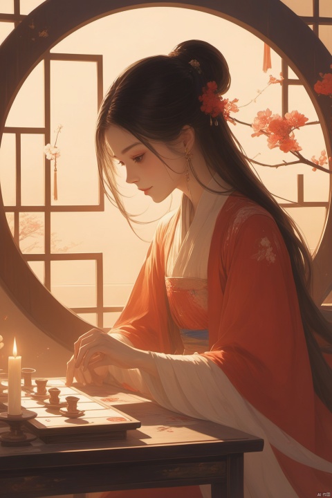 1girl,long hair,solo,a flower cat,jewelry,earrings,single hair bun,chinese clothes,table,sitting,board game,flower,circular window,window,dress,from side,hair ornament,hair bun,long sleeves,red dress,black hair,indoors,looking down,profile,brown hair,candle,light,GFGF,