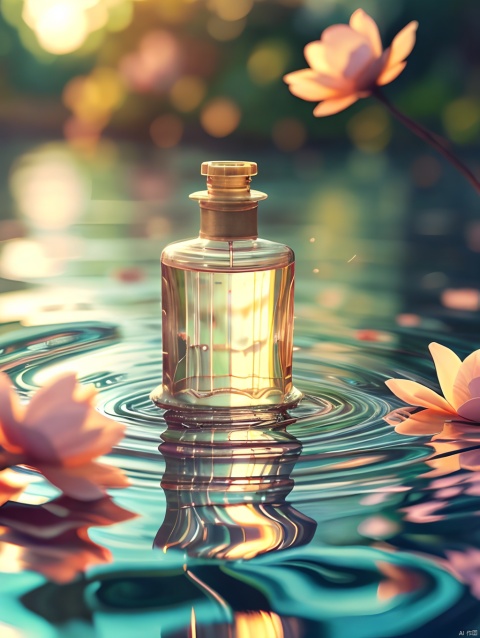  no humans,bottle,water,blurry,reflective water,depth of field,scenery,reflection,(flower:0.7),(cherry blossoms:0.5),ripples,XSSY