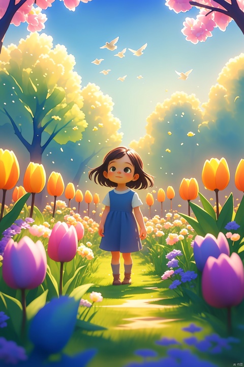 a garden full of blooming flowers,the cute little girl looked up at the azure sky,birds fly back and forth, watercolor \(medium\), watercolor