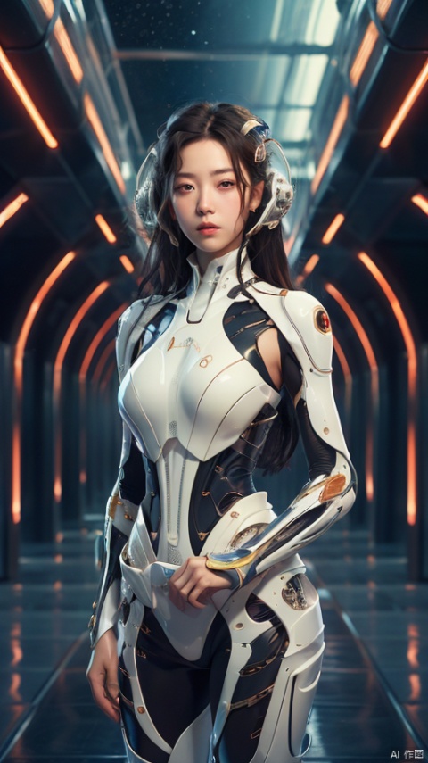 kehuan,1girl,spacesuit,machinery,looking_at_viewer,starry sky,from_above,a long corridor with red neon lights,WLJZ , kehuan