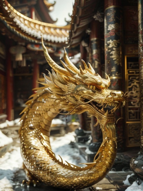 highres,golden dragon,chinese style architecture,in winter,medium_shot,, dragon