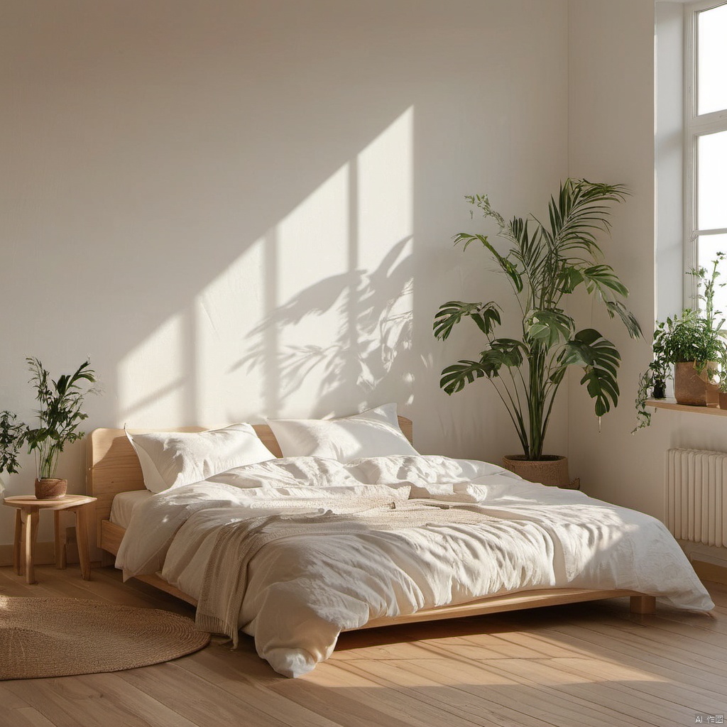  no humans,plant,wooden floor,indoors,window,sunlight,potted plant,shadow,day,pillow,bed,bed_sheet,JDWS, JDWS