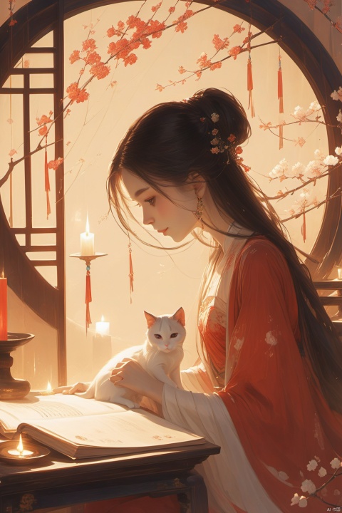 1girl,long hair,jewelry,earrings,single hair bun,(a white cat:1.4),chinese clothes,book,table,sitting,flower,circular window,window,dress,from side,hair ornament,hair bun,long sleeves,red dress,black hair,indoors,looking down,profile,brown hair,candle,light,GFGF,