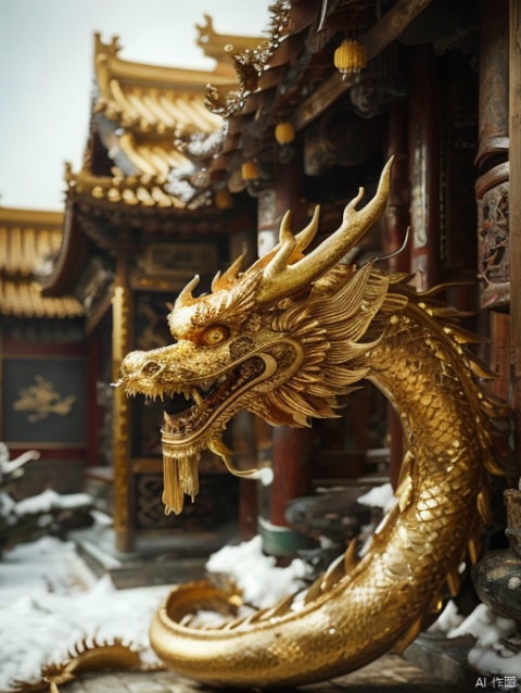 highres,golden dragon,chinese style architecture,in winter,medium_shot,,景深, dragon