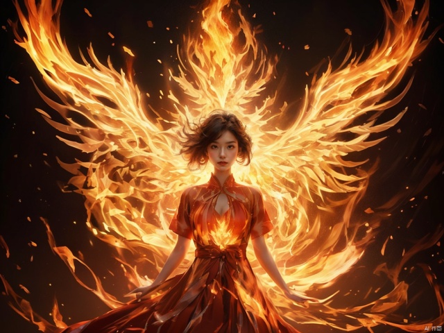 a woman in a red dress with a large fire angel behind her,in a dark background,with a red dress on fire,rossdraws global illumination,fantasy art,concept art,, HWXY