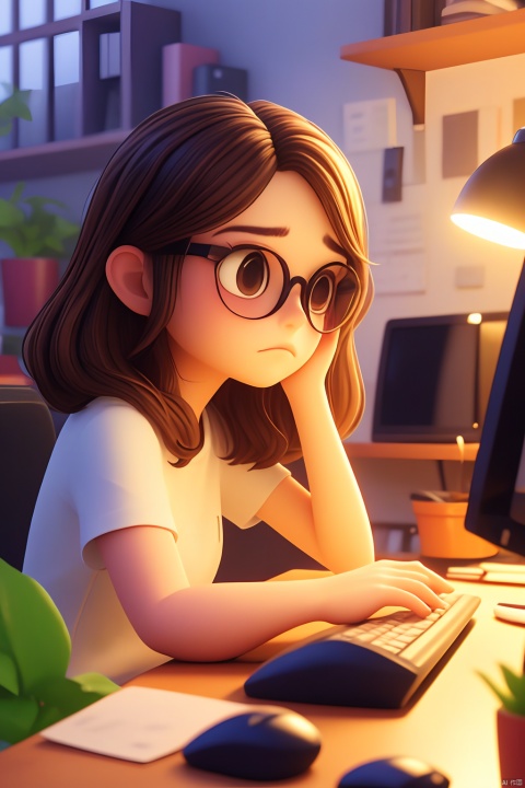  1girl,solo,glasses,brown hair,indoors,brown eyes,lamp,long hair,plant,short sleeves,shirt,keyboard (computer),sitting,mouse (computer),closed mouth,blurry,head rest,potted plant,desk,monitor,upper body,cup,bookshelf,frown,computer,blurry background,white shirt,GZNH, GZNH