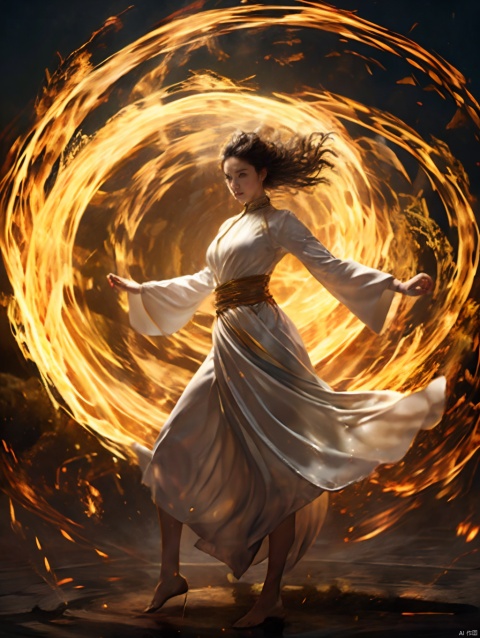  (1girl),traditional_clothes,flying,full_shot,fire,HWXY,ruins,magic circles,