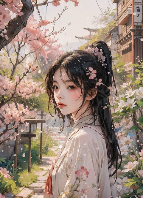 Big eyes, beautiful girl, ancient style, peach blossoms, plum blossoms, ten miles of plum forest fragrant snow sea,
