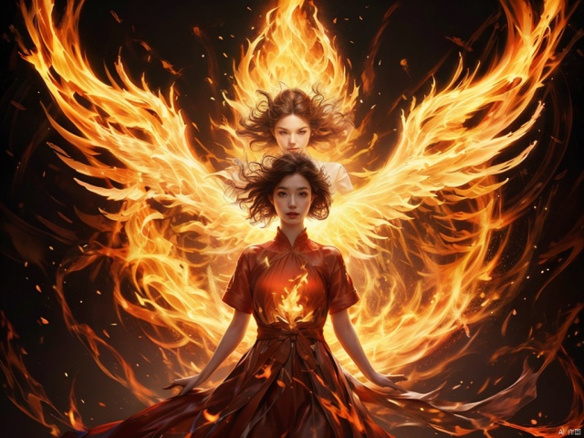 a woman in a red dress with a large fire angel behind her,in a dark background,with a red dress on fire,rossdraws global illumination,fantasy art,concept art,, HWXY