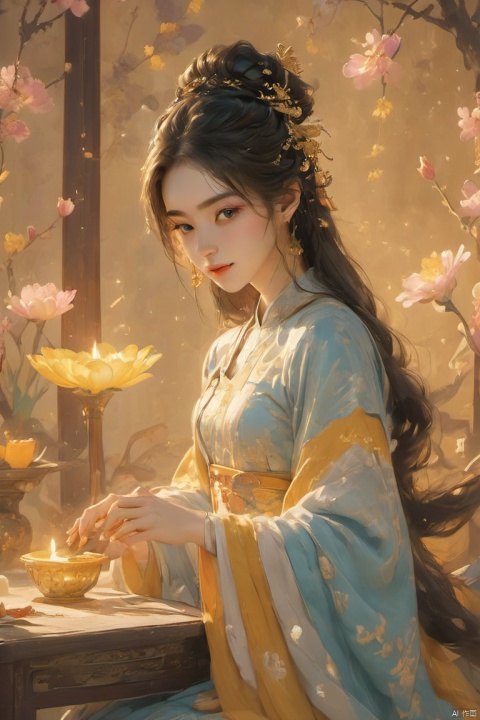 masterpiece,best quality,(photorealistic:1.4),(Ding Xianghua:1.3),(ultra detailed:1.3),illumination effect with a dreamy feeling,chrysanthemum,(palace hair accessories of the tang dynasty:1.2),(gilding:1.2),gorgeous headgear,(fine facial details:1.2),scattered petals,(full body:1.1),fine clothing details,chinese style bun,jewelry details,the effect of a diffuse aroma,lilac flower,complex artistic composition,tulip,masterpiece,unity 8k wallpaper,1girl,center frills,cut-in,ancient palace,(the dark golden undercurrent circulating:1.1),
负向提示