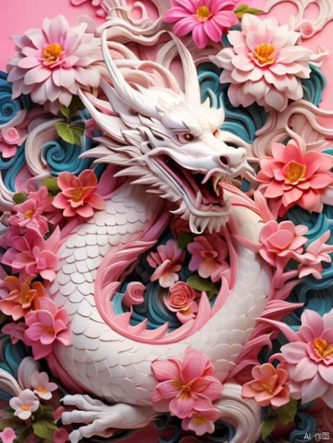  a white dragon with pink flowers on a pink background with pink flowers and pink clouds, Mini, HFJL