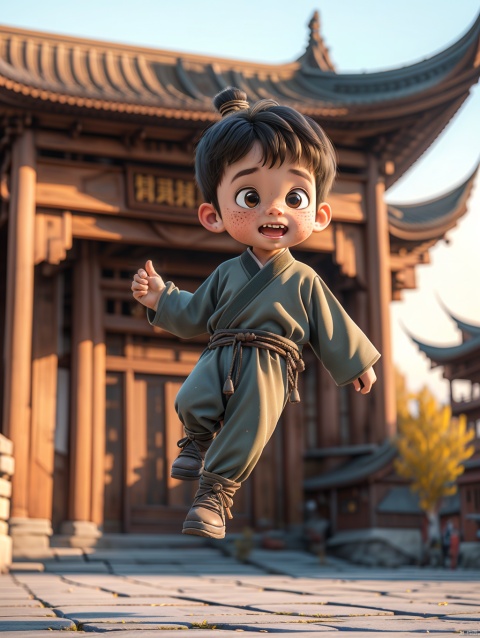 male child,1boy,male focus,solo,(jumping:1.1),(kicking:1.3),child,outdoors,black hair,east asian architecture,looking at viewer,architecture,brown eyes,shoes,full body,sky,day,freckles,standing,pants,blush,short hair,