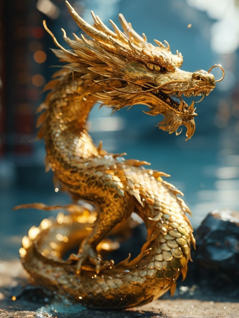  A golden dragon with water in the background, Golden Dragon, dragon