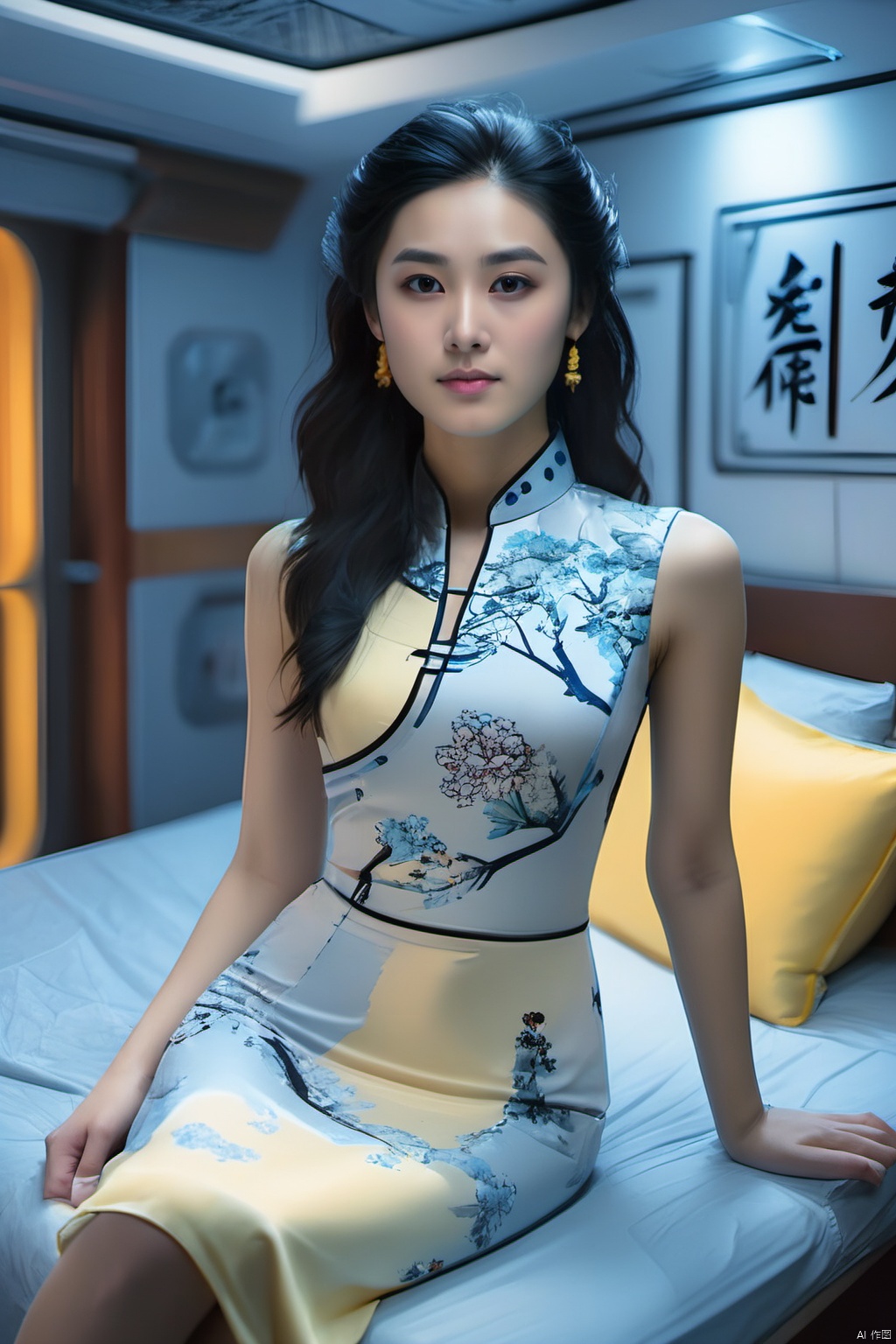  1girl,jewelry,necklace,realistic,black hair,brown eyes,long hair,(yellow printed dress:1.1),solo focus, room,neon lights, bed, pillow, YZLS, qipao