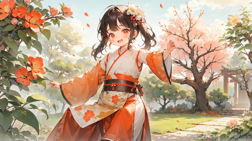 In autumn, a young girl danced in the garden, her movements were very beautiful, and the peach blossom trees beside her were falling flowers,GBH 