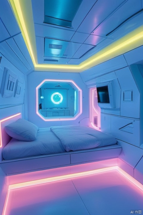  room,neon lights, bed, pillow, YZLS
