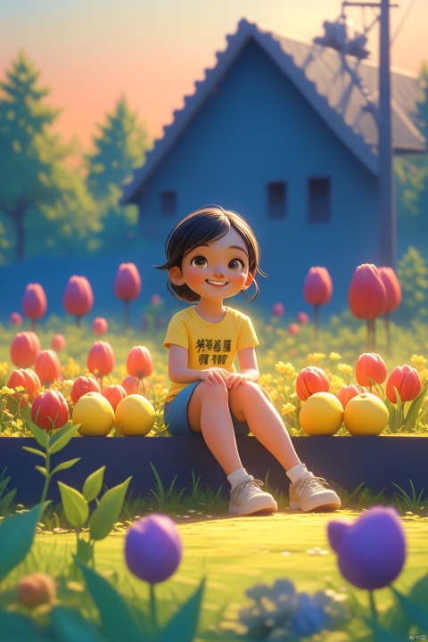 Masterpiece, excellent quality, HD wallpapers, AICG-16k HD photography wallpapers, excellent composition, perfect detail display,a happy little girl and a little boy sitting on the roof, with full body photos, laughing heartily, ponytails, wearing a yellow short sleeved T-shirt, pink sports shorts, blue sports shoes, black hair, having a house, flowers, trees, power lines, poles, a running Husky, sunset, healing scenery, perfect composition, A ink painting of a tranquil orchard with Chinese writing on it and a pair of birds building their nest, with a fruit-laden branch in the foreground, An Zhengwen, organic painting, a minimalist painting, art & language, ink and wash,