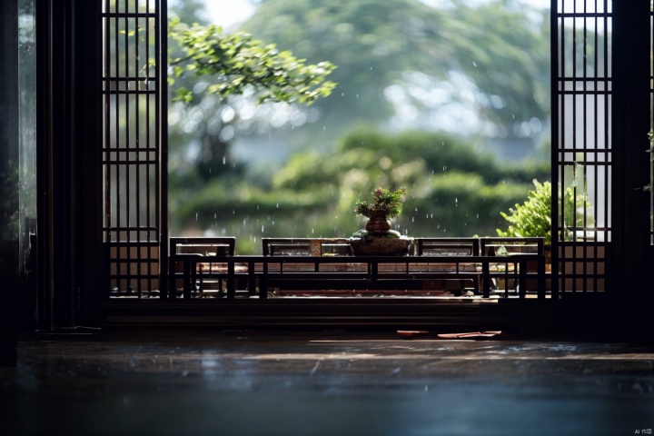  (Masterpiece, Best quality), (no humans, light_rain, grove, courtyard, eaves, dripping_water), (looking_out_through_the_window), (It's_raining_heavily, rain, humid_atmosphere), (Extremely detailed CG, Ultra detailed, Best shadow), Beautiful conceptual illustration, (illustration), (extremely fine and detailed), (Perfect details), (water droplets on glass), (close-up), (Depth of field), , Neo_ch, laojun, FF, Ancient China_Indoor scenes