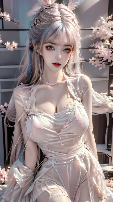  1girl,(((big breasts:1.2))),message hair,(oval face:1.2),lipgloss,the background is a white wall covered with newspapers and stickers,tiled background,(white_skin:1.4),indoor,roomi,the white wall,long hair,decorations,ribbon trim,neon,embellished costume,ornament,close_mouth,(happy_valentine:1.2),ornament,loose belt,(baby face:1.2),pose for the mirror,having a dual tone hair blend of light blue and light pink,(with long bangs covering one eye:1),eye_contact,glint,8k,masterpiece,best quality,Girl's face,makeup,fundoshi,mascara,(colored_eyelashes:1.1),,(The upper body includes the thighs:1.4),