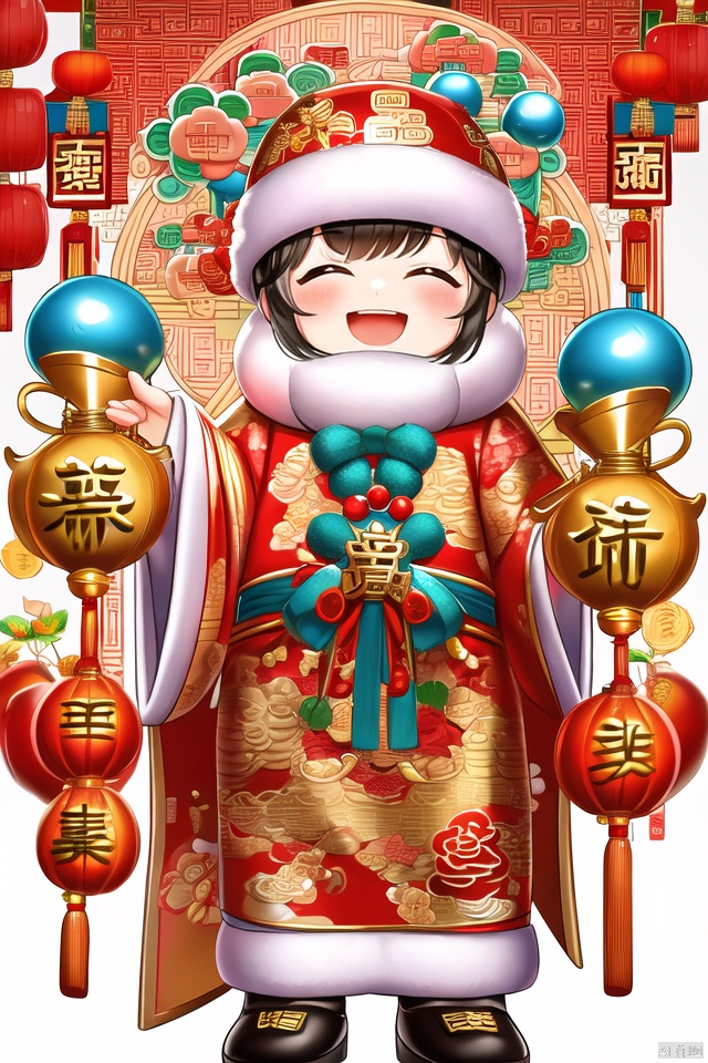Chinese New Year, God of Wealth, Hanfu robe,holding ingots in hand, joyful, elderly