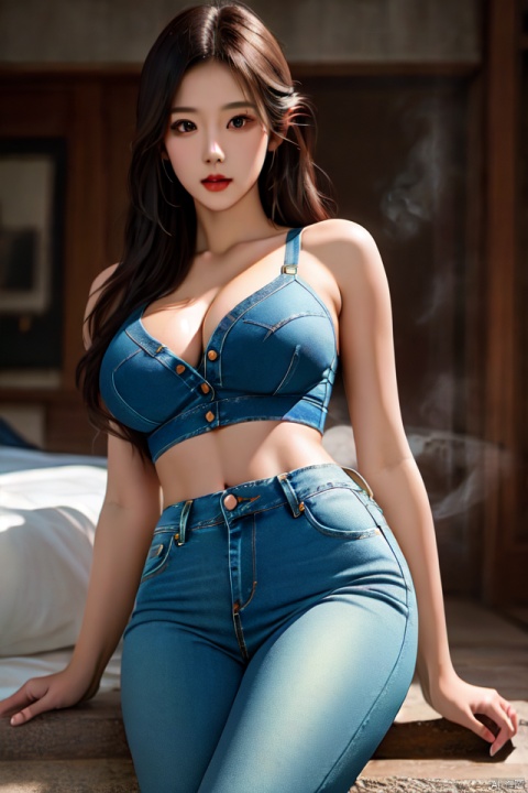 (best quality),((masterpiece)),(highres),original,extremely detailed wallpapaer,(an extremely delicate and beautiful),1girl,,beautiful mature female,long hair,elf,,beautiful long eyelash,looking at viewer,(high detail face),(high detail eyes),,navel,groin,narrow waist,bare legs,shiny skin,wet,detailed skin,light rays,shiny hair,steaming body,25D Sexy denim bra