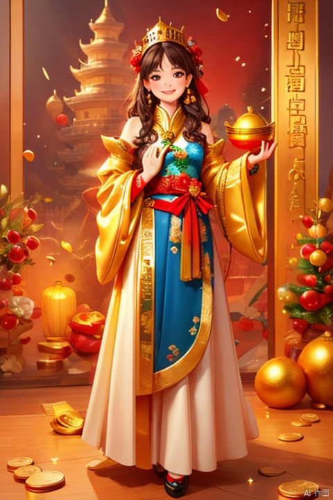 God of wealth, full body, lots of gold coins falling, gold coins shining, festive atmosphere, solo, blush, smile, smiling eyes, male focus, wide sleeves, beard, hat, Chinese dress, crown, beard, 3D modeling and rendering, high definition, detail enhancement, facai