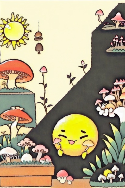 mushrooms,jumping down from building,colorful, sun smiling,fungus poisoning