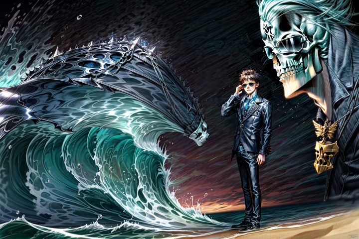 1boy,young,pretty,grimace,face sea,wear sunglasses,stand on the shore,gothic color,best quality,wholebody,magical,rough waves,skull on the sky,night