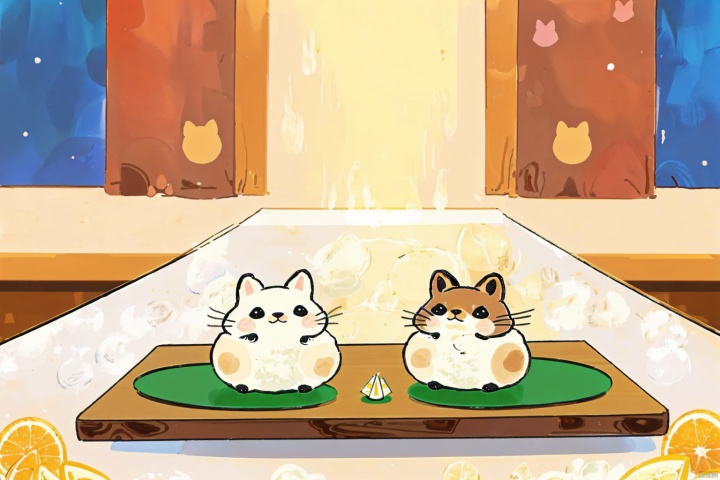 (tiny animal) servants (on table),delicious foods,animals join party,Deluxe interior,magical,cute,colorful