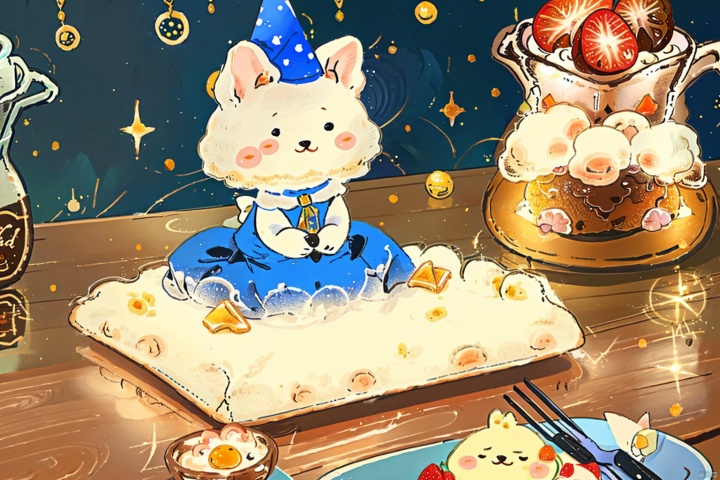 (tiny animal) servants (on table),delicious foods,animals join party,Deluxe interior,magical,cute,colorful