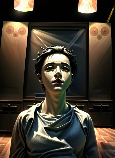 (best quality,4k,8k,highres,masterpiece:1.2),ultra-detailed,(realistic,photorealistic,photo-realistic:1.37),spacious indoor area, dragonballs  stuck in giant cabinet, randomly distributed, eerie, dark background tone, vibrant colors,handsome young asian boy demon holding miniature stars, halo surrounding.