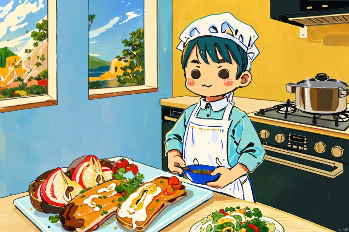 young 1boy,cooking,kitchen,delicious foods,animals,Deluxe interior,colorful
