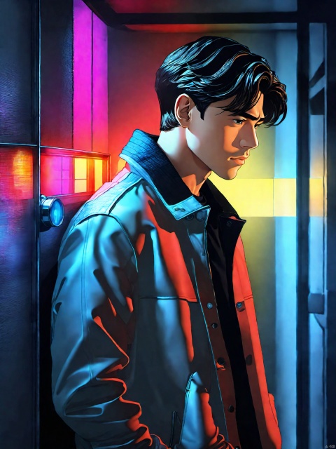 (best quality,4k,8k,highres),ultra-detailed,basement,whole-body,front,face towards,character close-up, gangster,young 2male,evil,badass,gloomy,colorful,lively lights,grey background manner