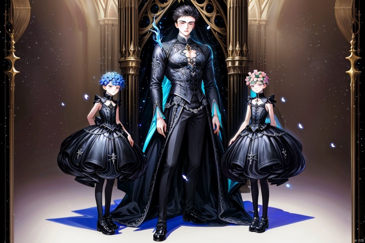  1boy,young,pretty,grimace,tall,thin,stand behind giant flower,gothic scene,best quality,wholebody,magical,strange small animals,night,constriction