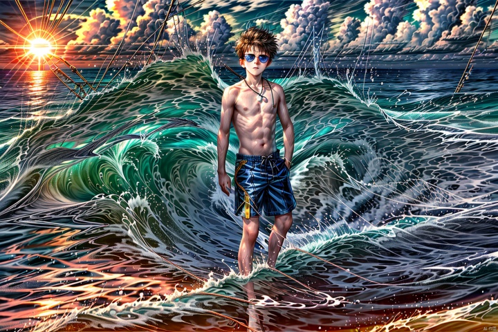 1boy,young,pretty,face sea,wear sunglasses,stand on the shore,brilliant color,best quality,wholebody,magical,rough waves,(sun has face) on the sky,many electric wires in the sea