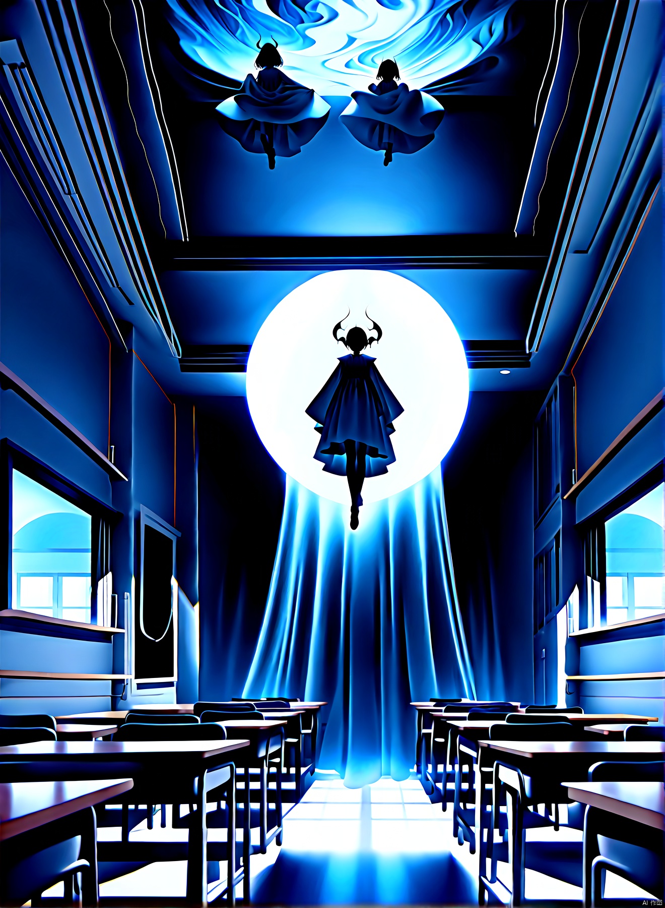 In a dimly lit classroom hanging upside down from the ceiling are human students and desks. Below them, there are demon students attending class in the middle of the night. The scene is captured in a (surreal, dreamlike:1.1) style, with (intricate details:detailed,meticulous details) showcasing the facial features of both the human and demon students. The high-resolution image presents a (best quality,4k,8k,highres,masterpiece:1.2), (vividly:1.1) portraying the contrasting atmosphere between the upside-down classroom and the eerie presence of the demon students. The lighting is (subdued,soft:0.9), creating an ethereal ambiance that enhances the overall mesmerizing effect.