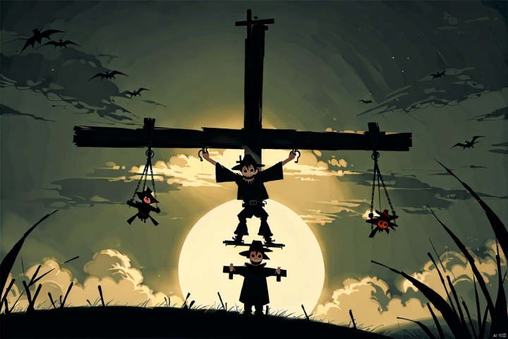 scare crow,boy,hanging on crucifix, field,gothic,night